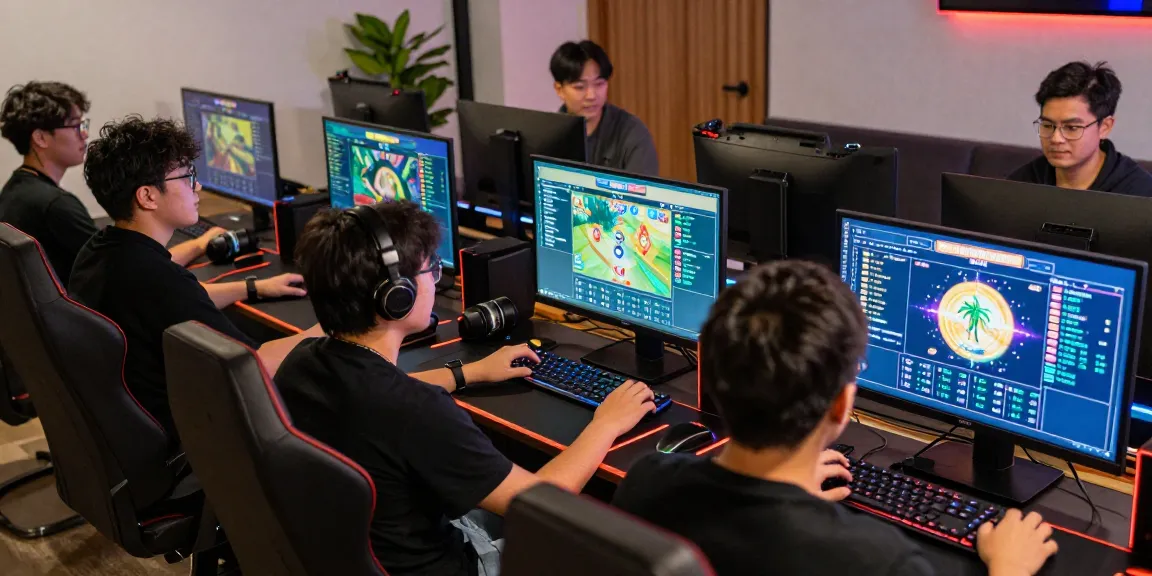 Super59 link alternatif, para gamer berkumpul di depan setup gaming modern, diskusi strategi permainan.