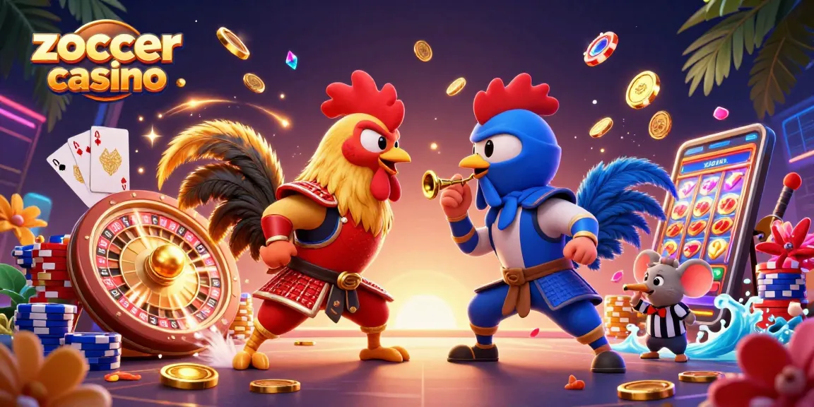 Zoccer casino showcases thrilling action with cartoon roosters battling amidst flying coins and colorful poker chips.