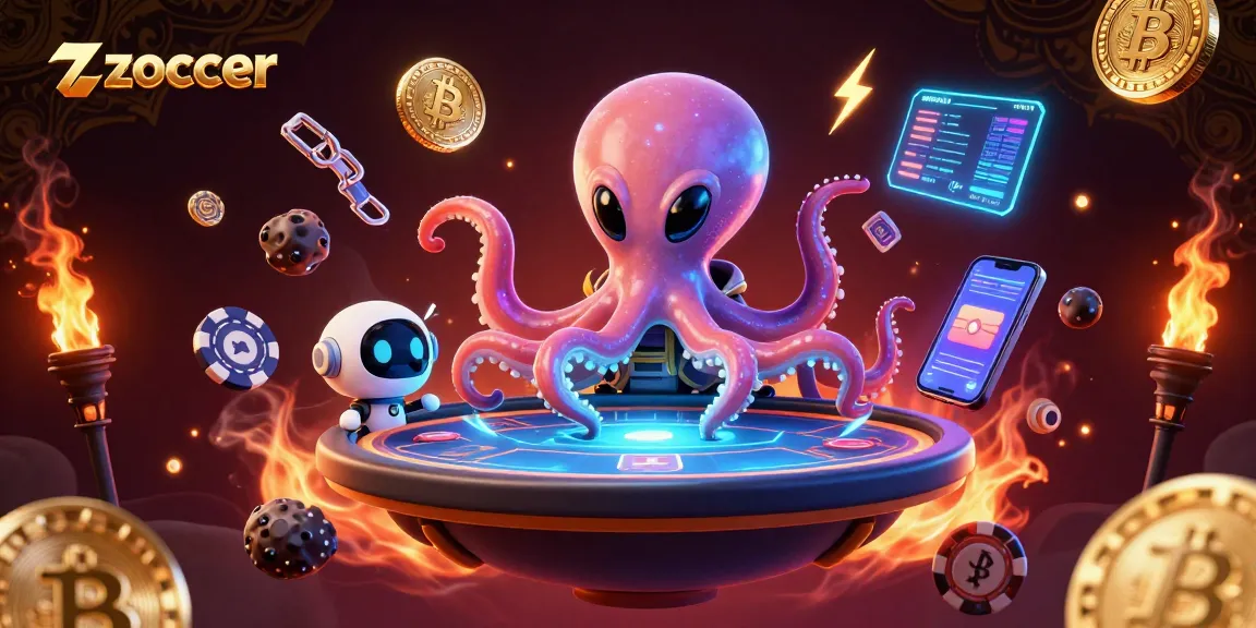 Zoccer alien octopus plays poker with crypto coins, showcasing vibrant casino energy.