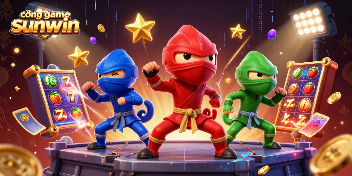 Experience thrilling action with cổng game sunwin featuring a ninja chameleon team amidst colorful slot elements.