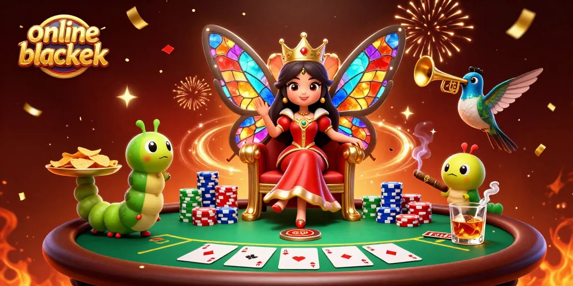 Play online blackjack with vibrant 3D characters celebrating around poker and chips.